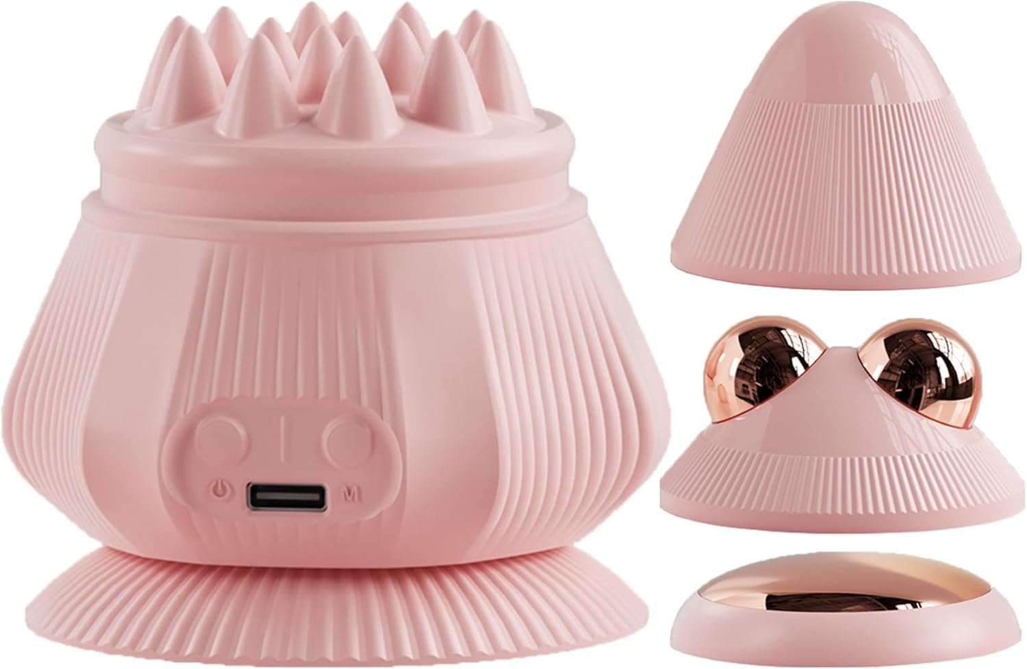 Portable Mini Electric Head Scalp Massager Stress Relax, 3 Vibration & 2 Heating, Handheld Massager Set with Suction Cup for Neck, Back, Face, Legs and Hands (Pink)