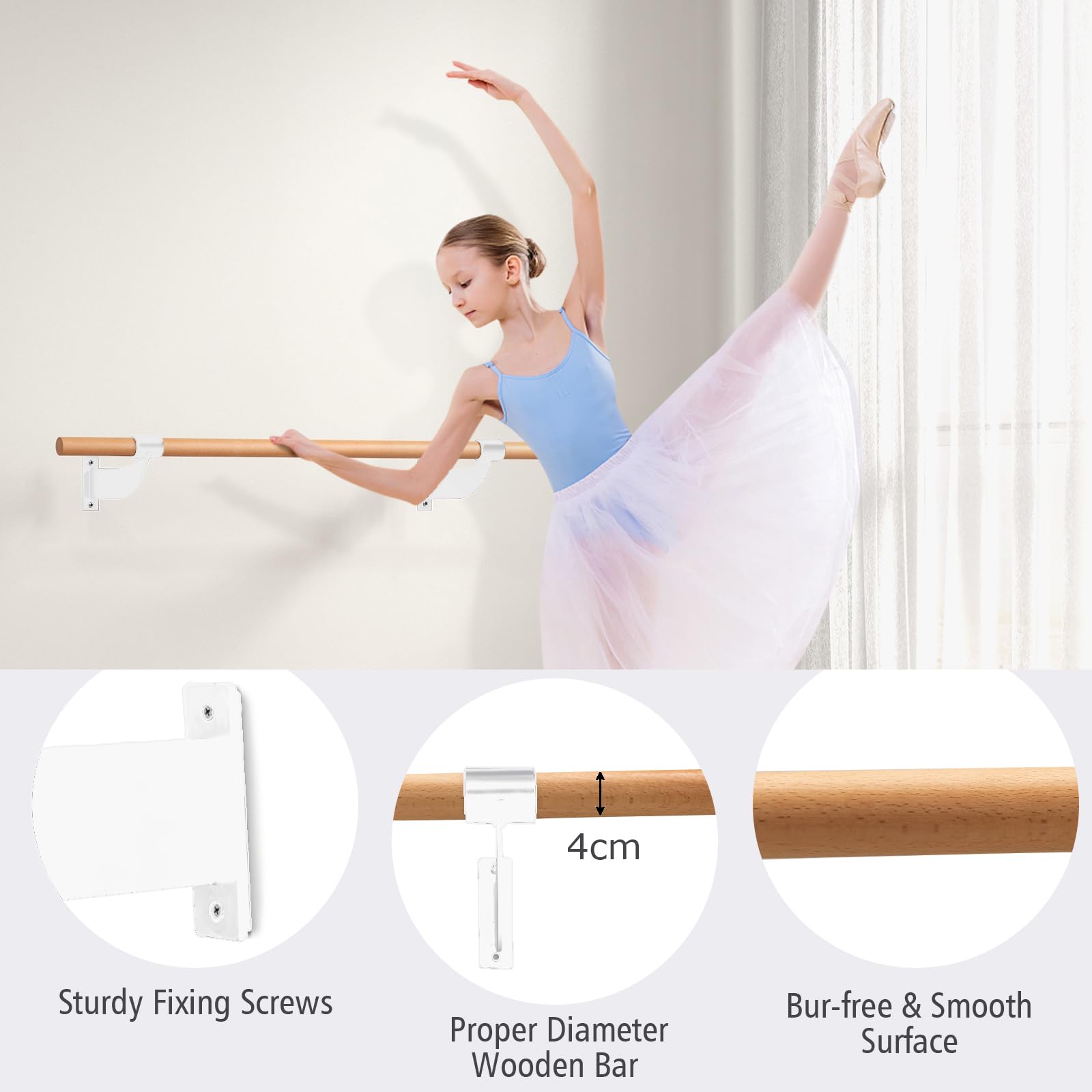 GYMAX Barra de Ballet de Pared 4 pies, Madera de Haya para Estiramiento, Yoga y Entrenamiento