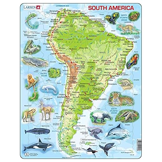 Larsen Puzzles South America Map with Animals 65 Piece Children's Educational Jigsaw Puzzle