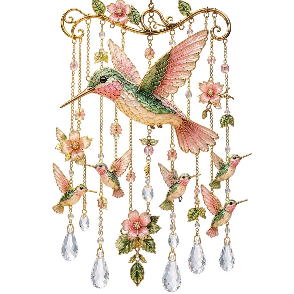 Introti Hummingbird Metal Wind Chimes Outdoor, Hanging Bird Windchime for Garden Porch Balcony, Stained Glass Wind Catcher Ornament Gift for Mum Grandma Women