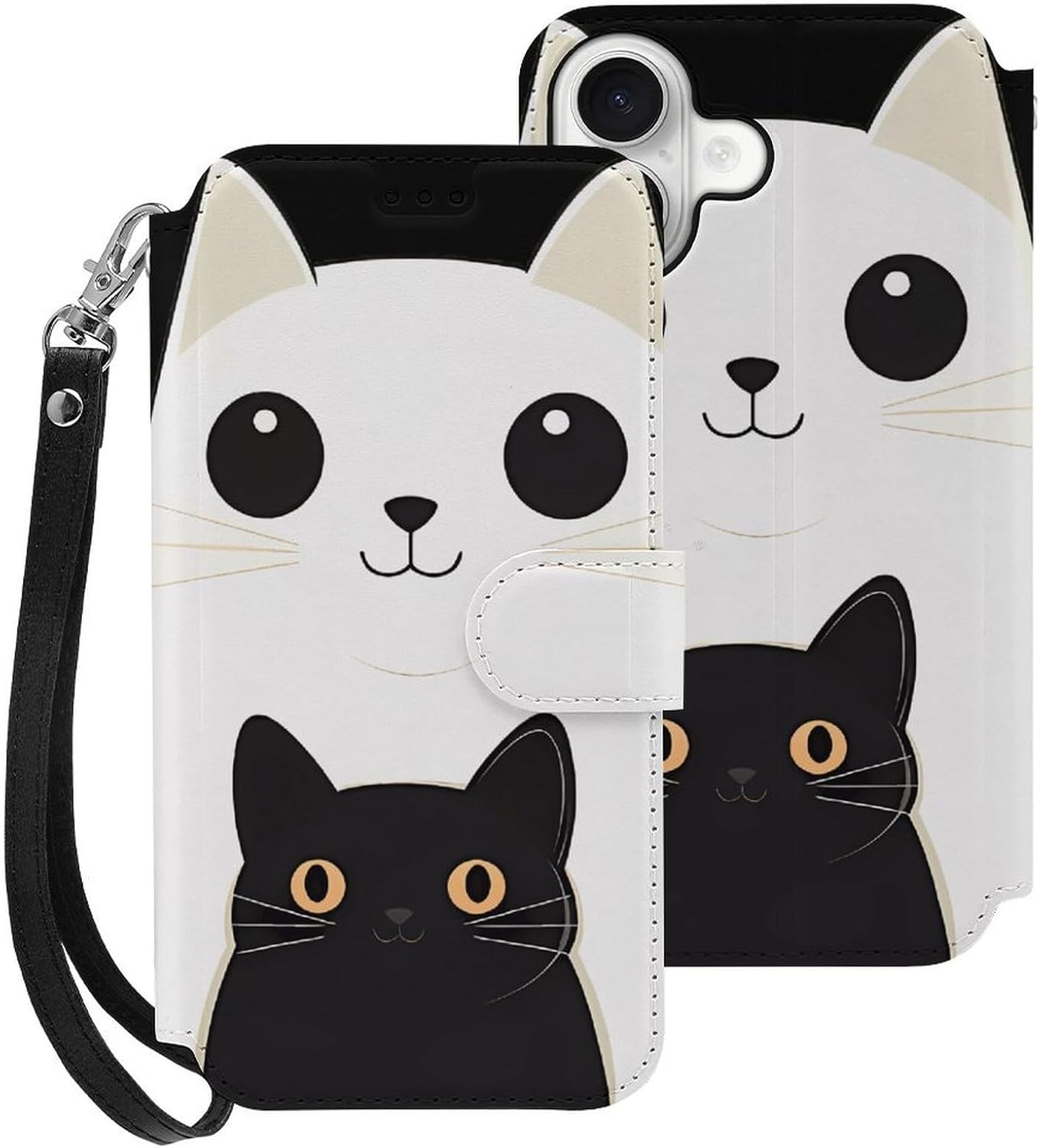 White and Black Cats Compatible with iPhone 16/16 Plus/16 Pro/16 Pro Max/16 E Case Phone Wallet Card Holder Flip Cover with Wrist Strap