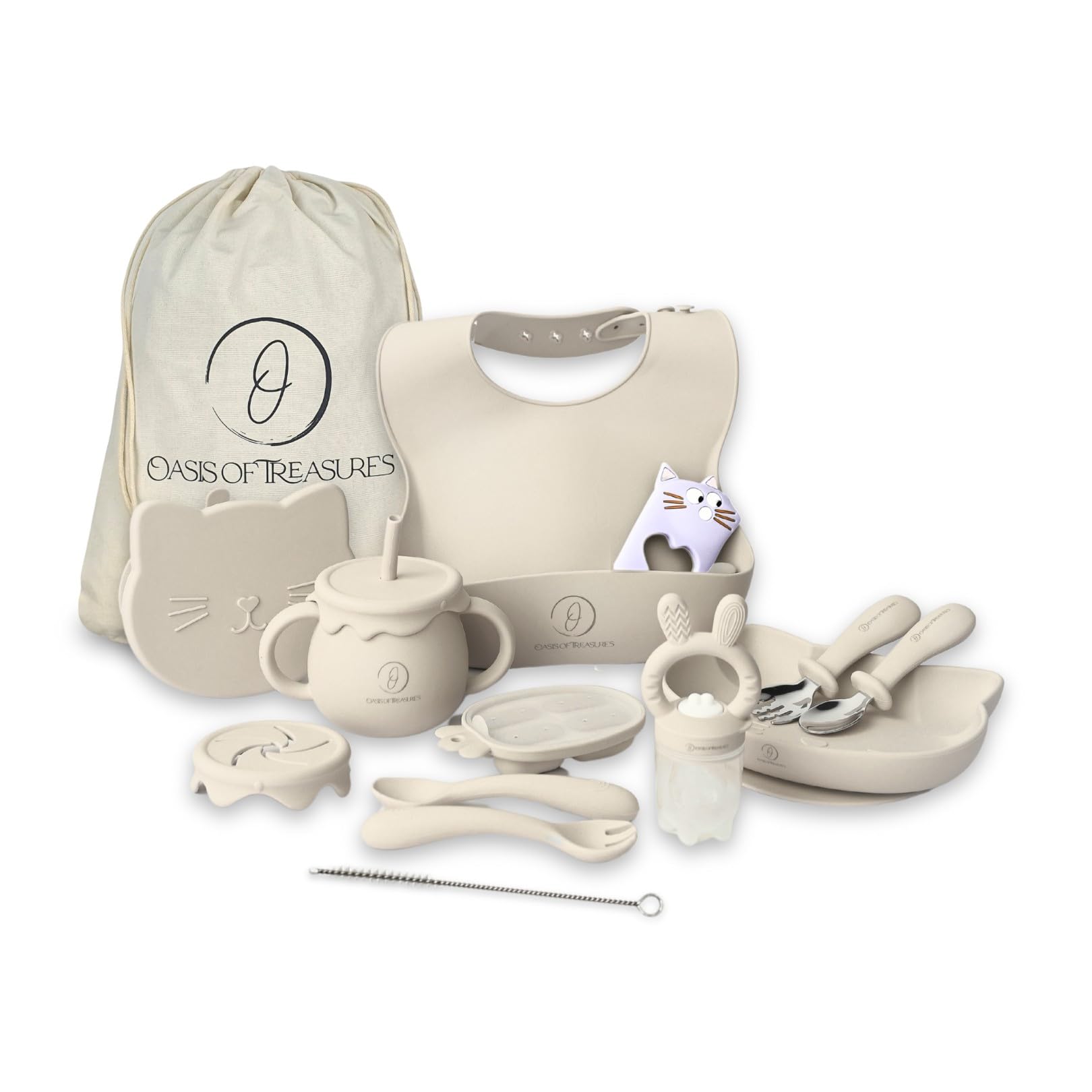 Oasis of Treasures - (17 Pieces) Complete Baby Feeding Set, Grows with Your Child, Premium Silicone Suction Plate & Bowl, Bib, 3-in-1 Cup, Utensils, Ice Tray & Fruit Feeder (Cat, Beige)