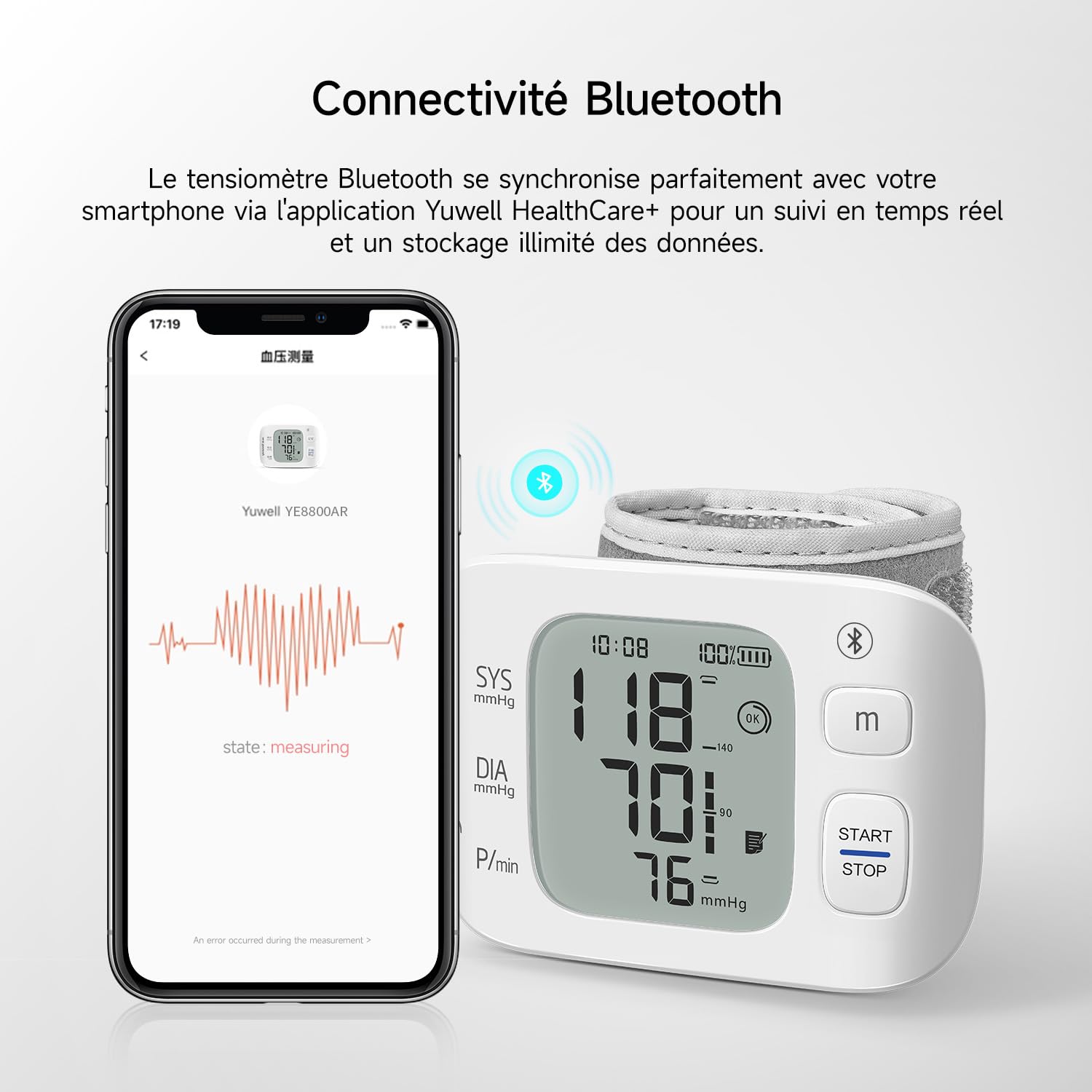 yuwell Tensiomètre au Poignet Intelligent pour un Usage Domestique ou en Déplacement, Tensiomètre avec Brassard Préformé 13,5 – 19,5 cm, avec Battement Cardiaque Irrégulier(YE8800AR)