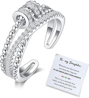 To My Daughter Fidget Ring for Anxiety, Fidget Rings for Anxiety for Women, Adjustable Stacking Anxiety Relief Rainbow Fidget Ring Jewelry Gifts (Silver Anxiety Ring)