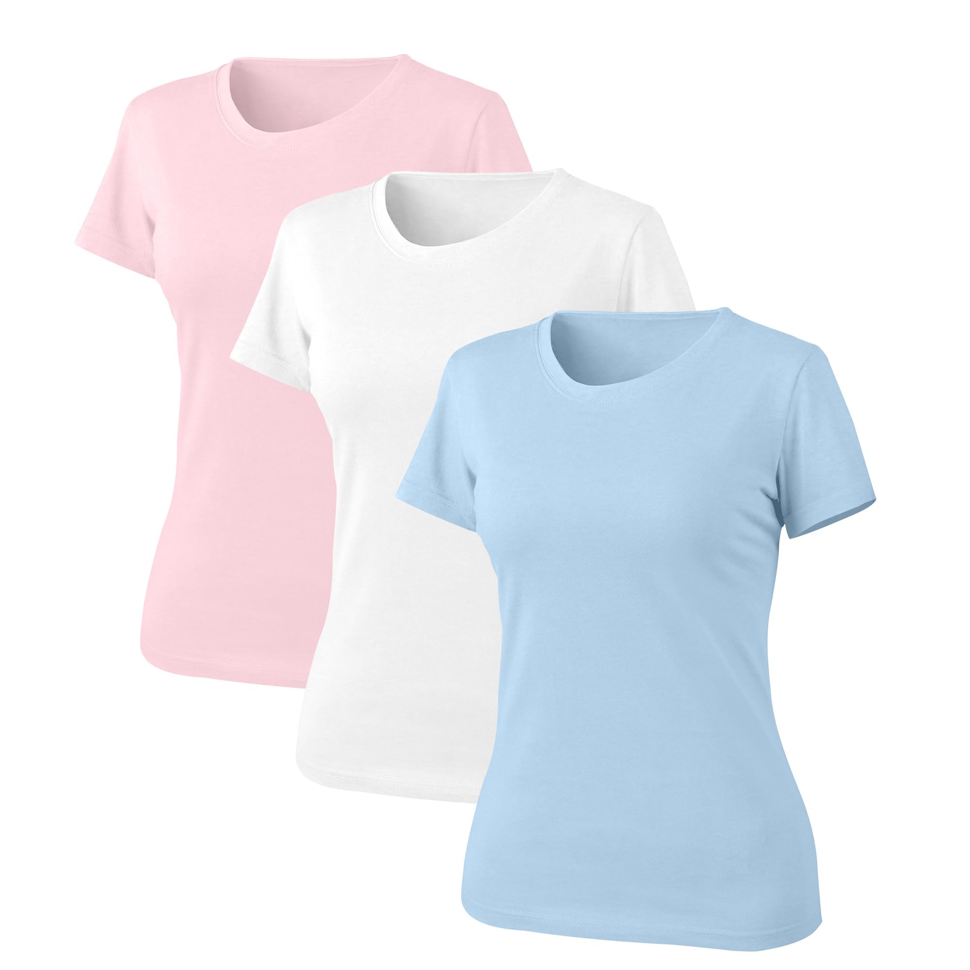 LiKing Damen T-Shirt Baumwolle Kurzarm Basic Sommer Baumwolle Rundhals T-Shirts Oberteile Top Bluse 3er Pack Mehrfarbig T-Shirts Für Damen UN-L-3