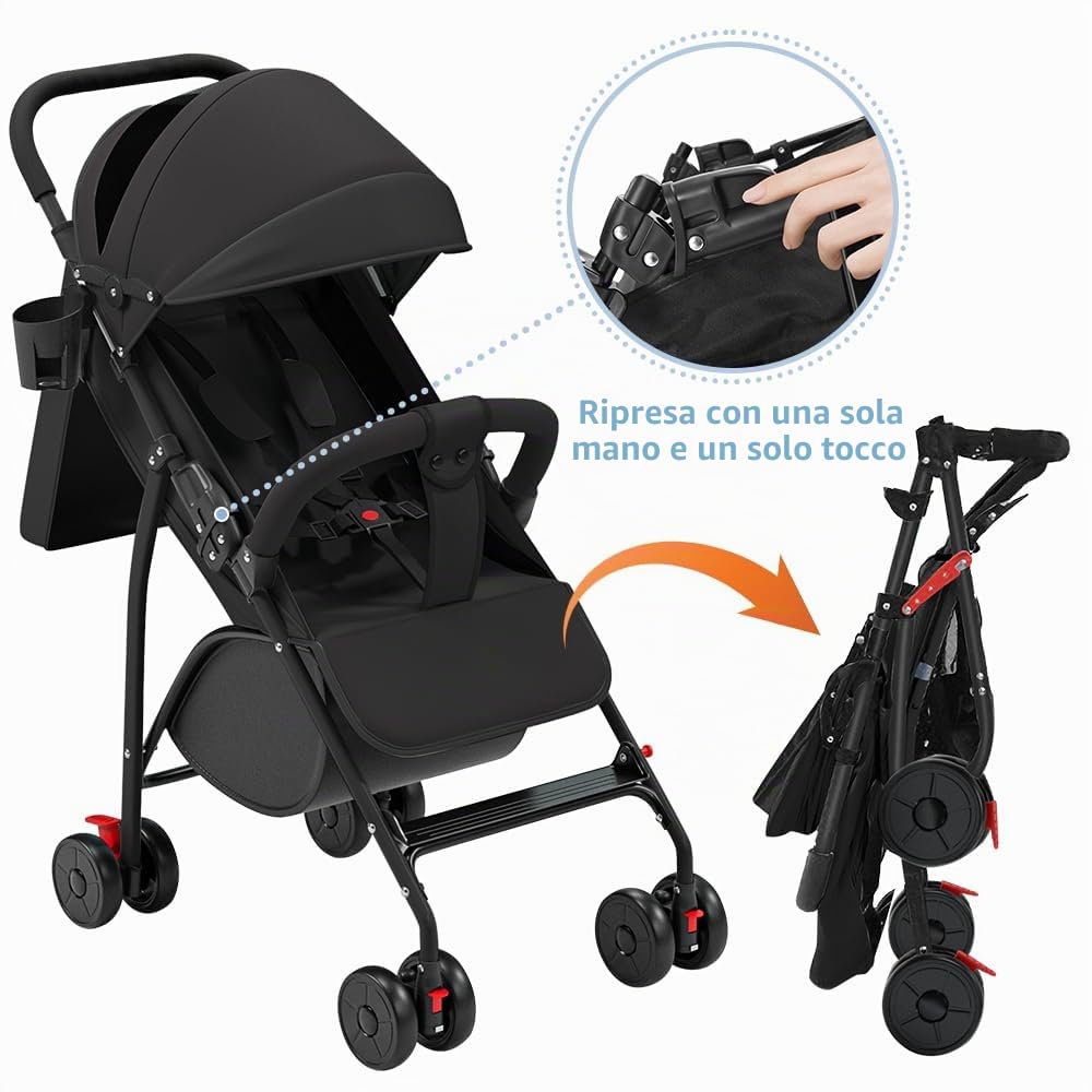 Passeggino a bastoncino per bambino 0-36 mesi (carico 25 kg) con schienale e poggiapiedi regolabili, passeggino compatto e leggero da viaggio con cappottina e zanzariera, ruote antiscivolo, nero
