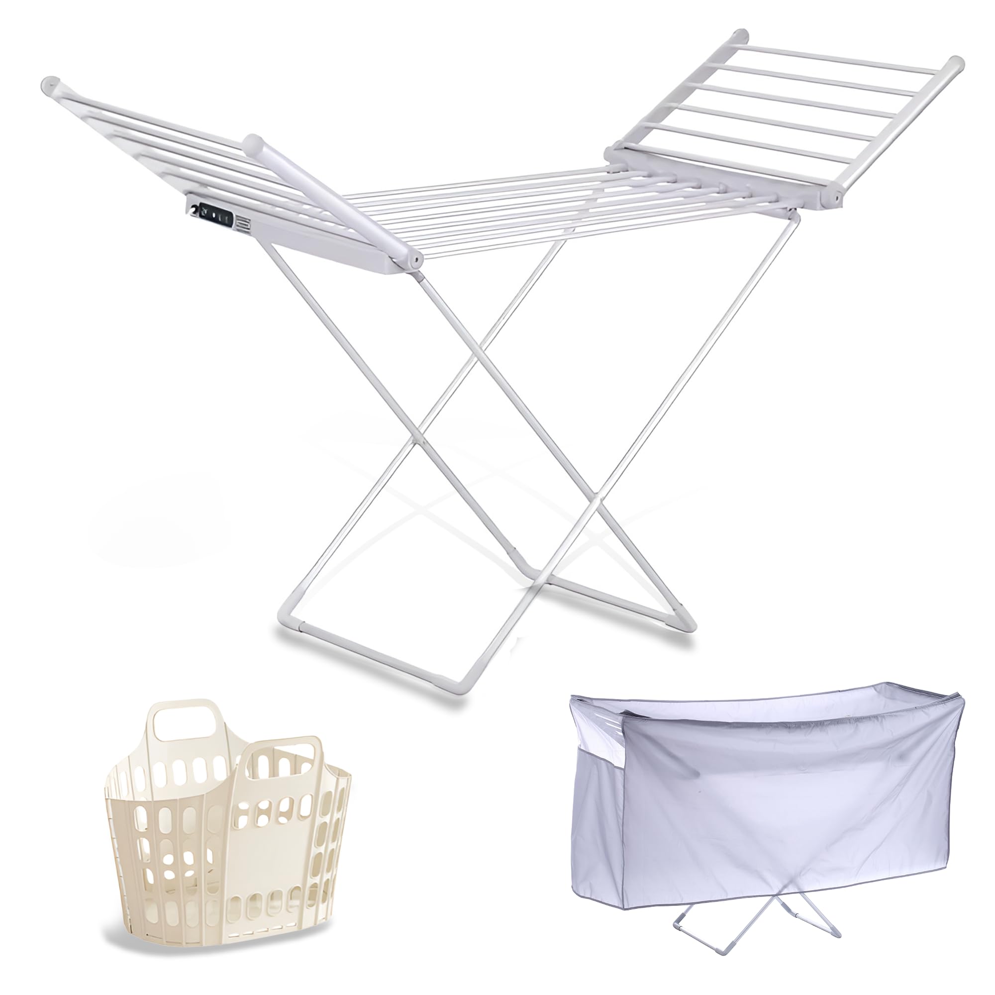 Étendoir à Linge Chauffant, Sèche Serviette Électrique Pliable, Sechoir a Linge Electrique Basse Consommation | 18 Barres Aluminium | Écran LED & Minuterie | Housse Thermique & Panier Inclus