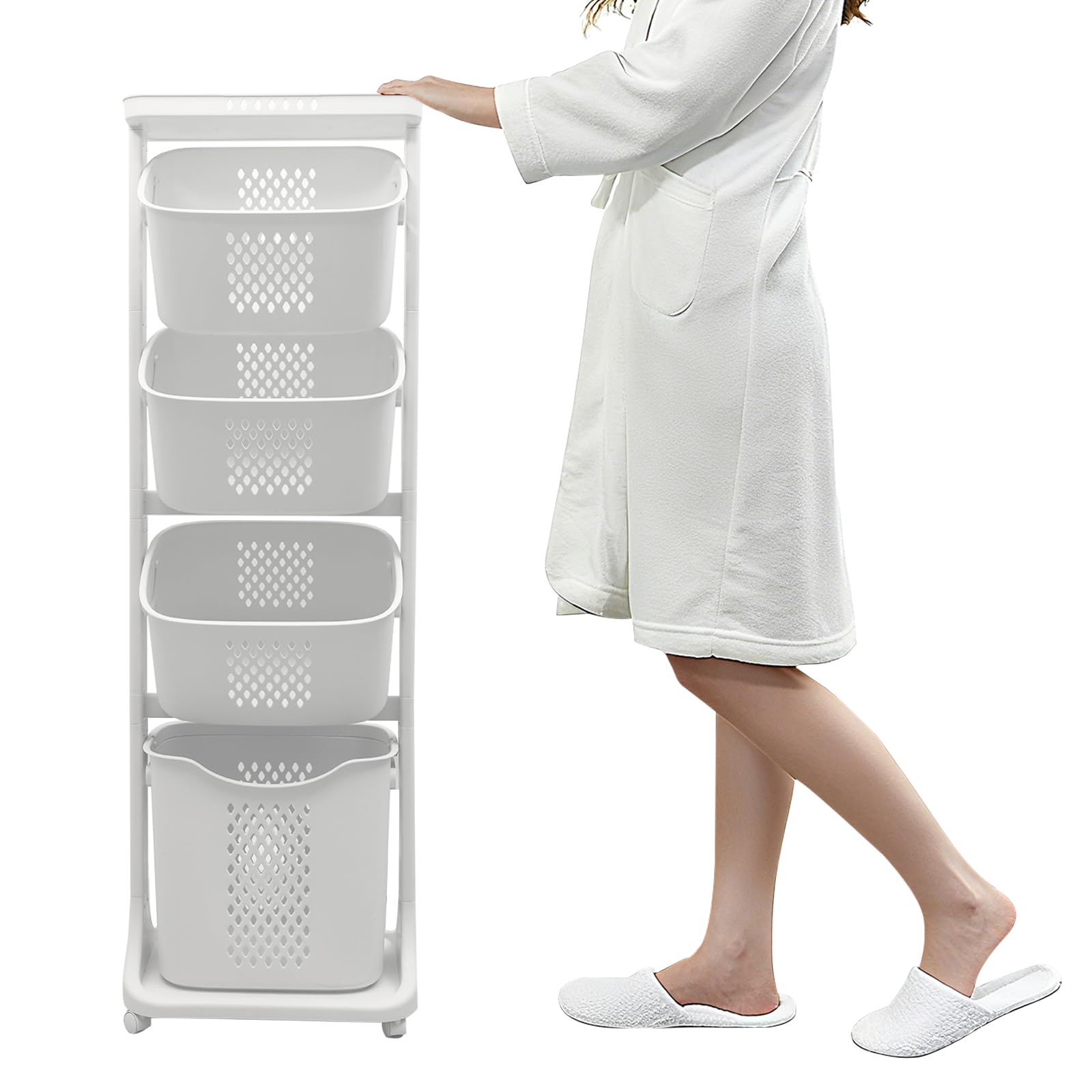 Growvid 4-Tier Laundry Basket with Wheels & 100L Removable Baskets, White