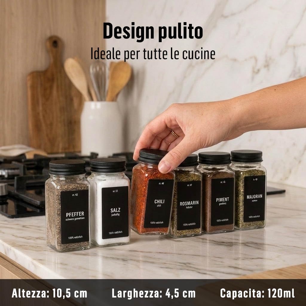 Deco haus® Set da 12 Contenitori per Spezie con Tappo a Vite - Kit per Condimenti con Etichette, Imbuto, Spazzola, Pennarello - Barattoli Portaspezie Piccoli in Vetro Trasparente da 120ml, 10,5x4,5 cm