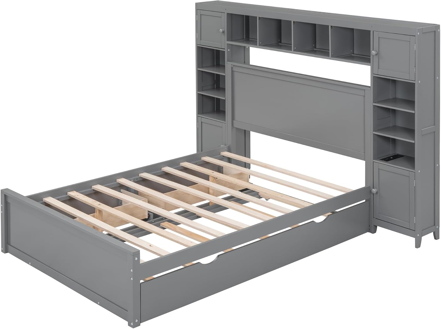 Gray Full Platform Bed with Storage and Trundle