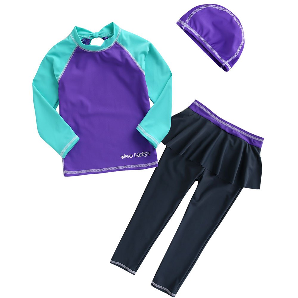 Vivobiniya Big Girl Two Piece Swimsuits Long Sleeve Rash Guard T-Shirt Swimming Trunks Cap upf50+