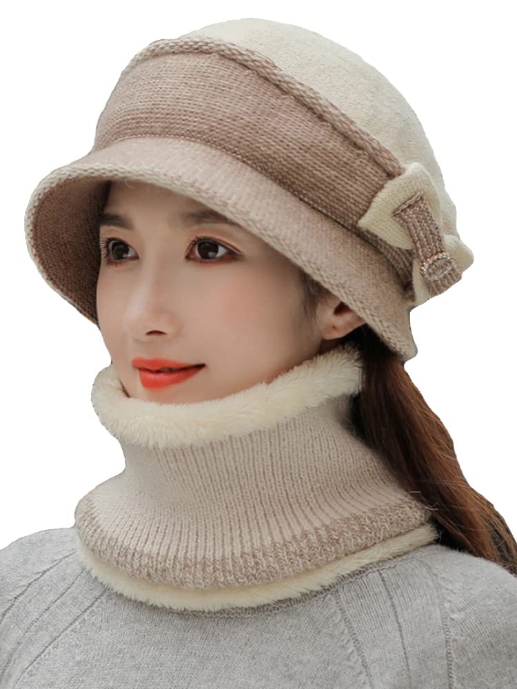 Womens Winter Knitted Hat Scarf with Fleece Lined Set Ski Hat Berets Hat
