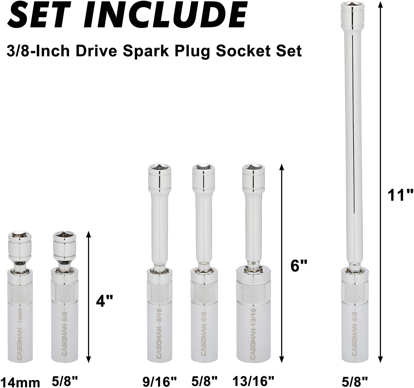 CASOMAN 6PCS 3/8-Inch Drive Magnetic Swivel Spark Plug Socket Set, Include 9/16-Inch, 5/8-Inch, 13/16-Inch, 14mm Socket, Length: 4-Inch, 6-Inch, 11-Inch, 12-Point, CR-V
