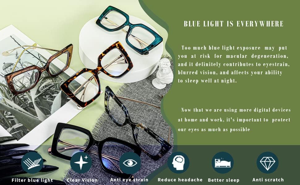 Miniatura 7 de FEISEDY Gafas cuadradas de gran tamaño con bloqueo de luz azul para los ojos, fatiga ocular, deslumbramiento, incrustaciones de perlas, brazo, ojo