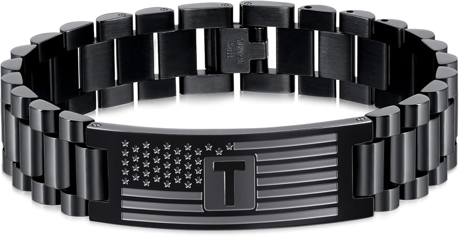 Initial American Flag Bracelets Men Letter A-Z Stainless Steel Jewelry Gifts Birthday Valentine Christmas Graduation Anniversaries Father's Day Thanksgiving for Him