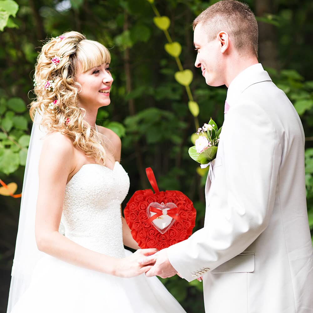 Wedding Ring Pillow, Foam Roses Heart Shaped Wedding Ring Pillow Hanging Box with Ribbon, Bridal Ring Pillow Ring Cushion for Wedding Party Decoration Supplies