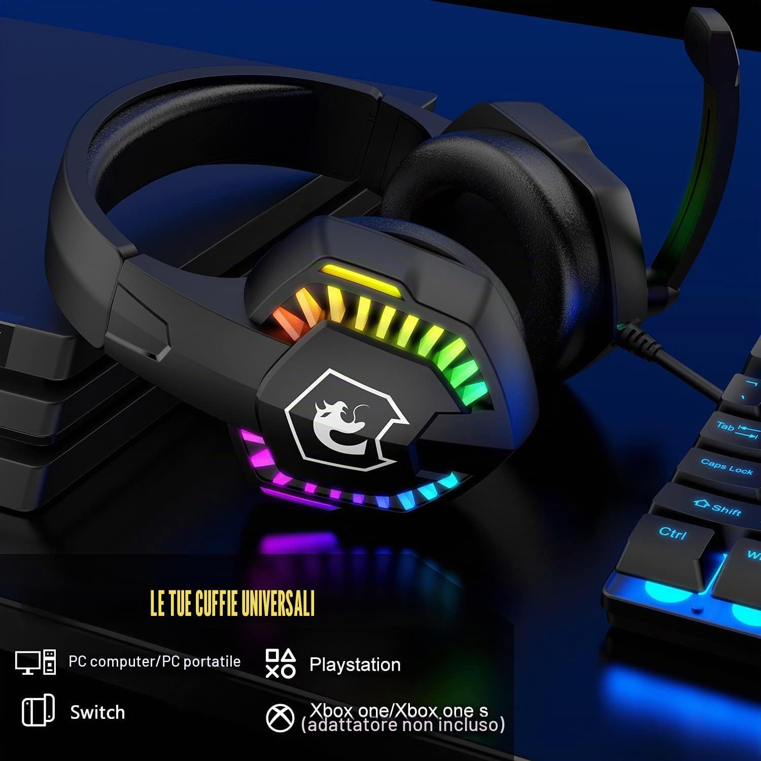 Regno Unito Layout Wired 104 Tasti da gioco Keyboard Tastiera per il mouse Altoparlante per cuffie 5 in 1 Combo con retroilluminazione multi RGB 2400DPI MICE Large Mousepad per PC Mac PS4 Xbox