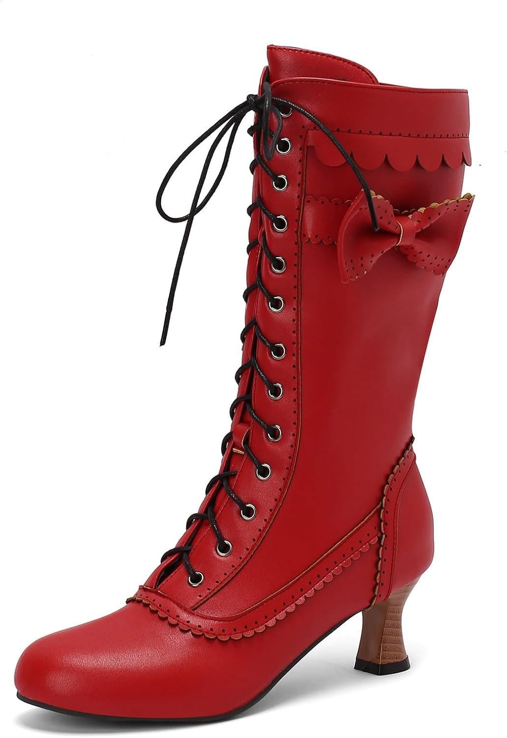 Womens Winter Gothic Victorian Boots Ladies Low Heel Lace Up Mid Calf Bow Boots Witch Shoes
