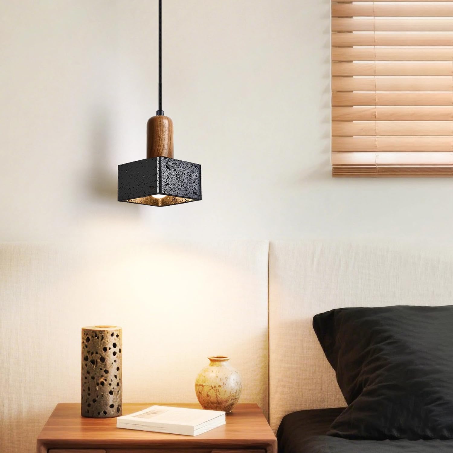 Lampa Wisząca Z Trawertynu Lampa Wisząca Kwadratowa 4,7 Cala Naturalny Porowaty Trawertyn, Sztuka Z Drewna, Podstawa E27 Wabi-sabi W Stylu Japońskim Do Domu, Korytarza, Kawiarni, Sklepu