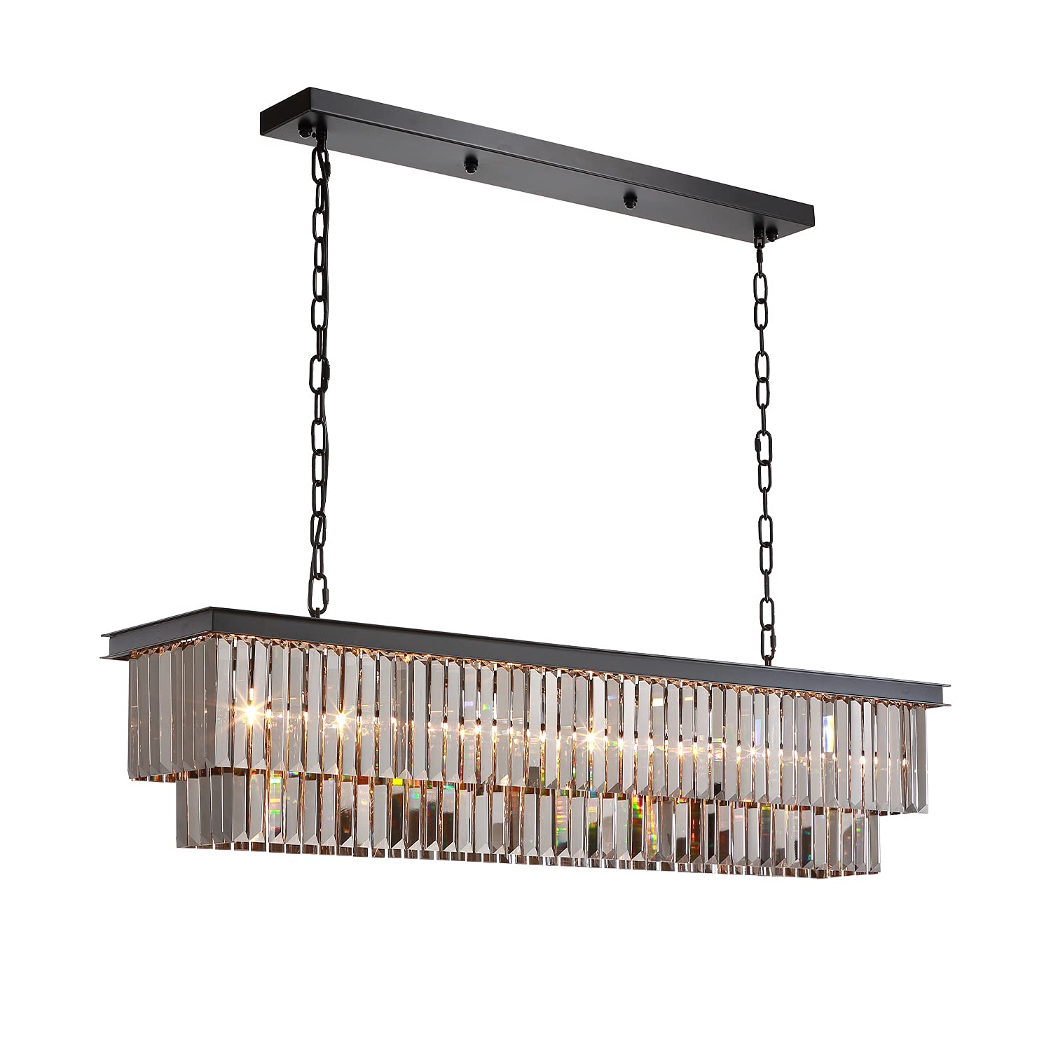Siljoy Crystal Chandelier Kitchen Island Hanging Light Fixtures, L47 Rectangular Ceiling Pendant