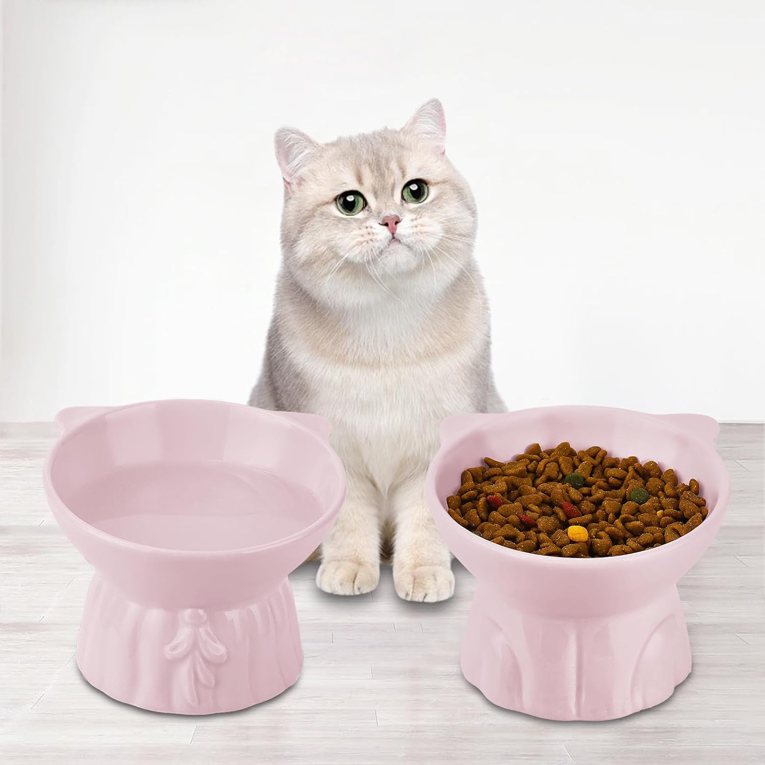 Set di 2 ciotole sollevate per gatti, design inclinabile a 15°, in ceramica di grandi dimensioni, mangiatoia rialzata per gatti anti-omito, adatta per baffi, lavabile in lavastoviglie