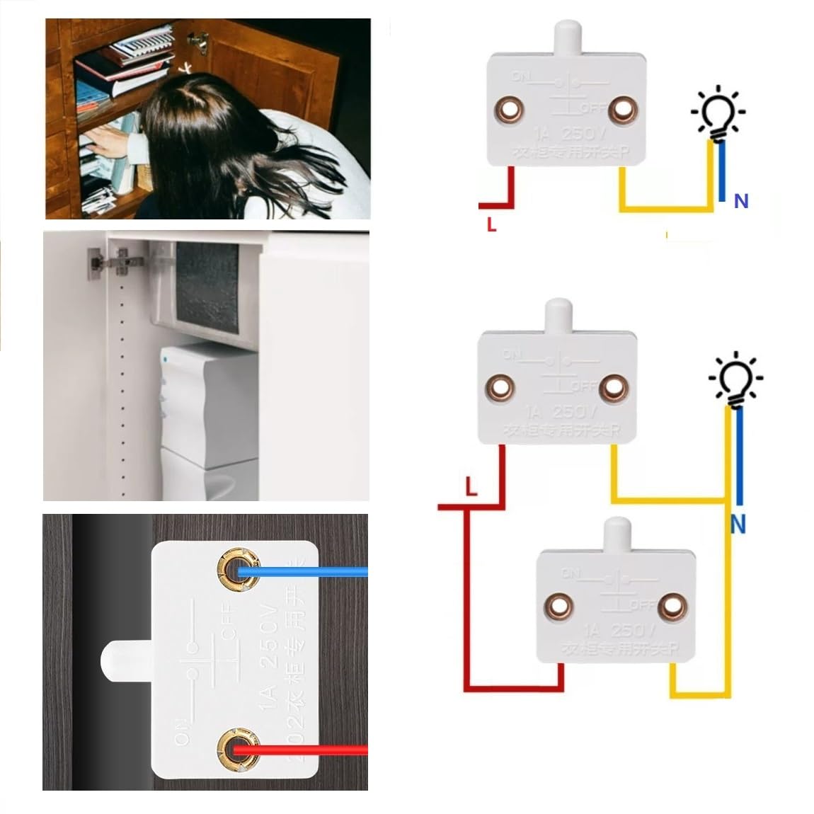 Produktbild von 6er-Set Schrankschalter Türkontaktschalter 230V – Normalerweise Geschlossen, Weiß, Für Schrankbeleuchtung & Truhen