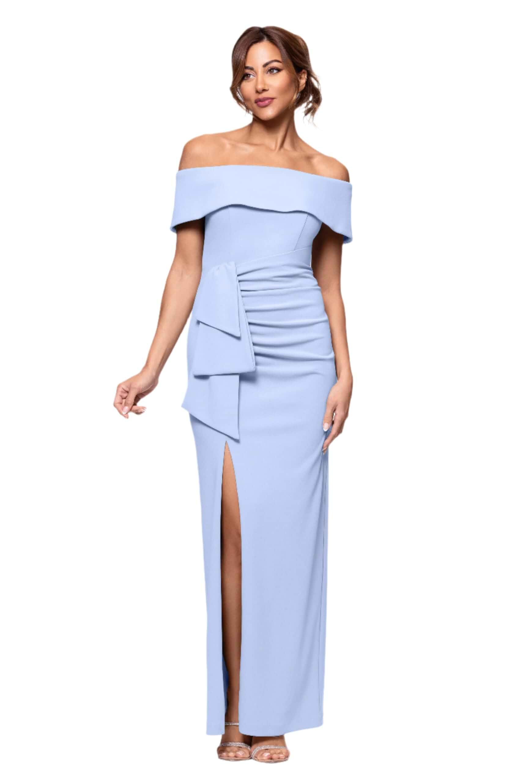 Xscape Women's Off Shoulder Straight Neck Evening Gown with Foldover Cuff, Side Ruffle, Leg Slit, Fitted Formal Dress