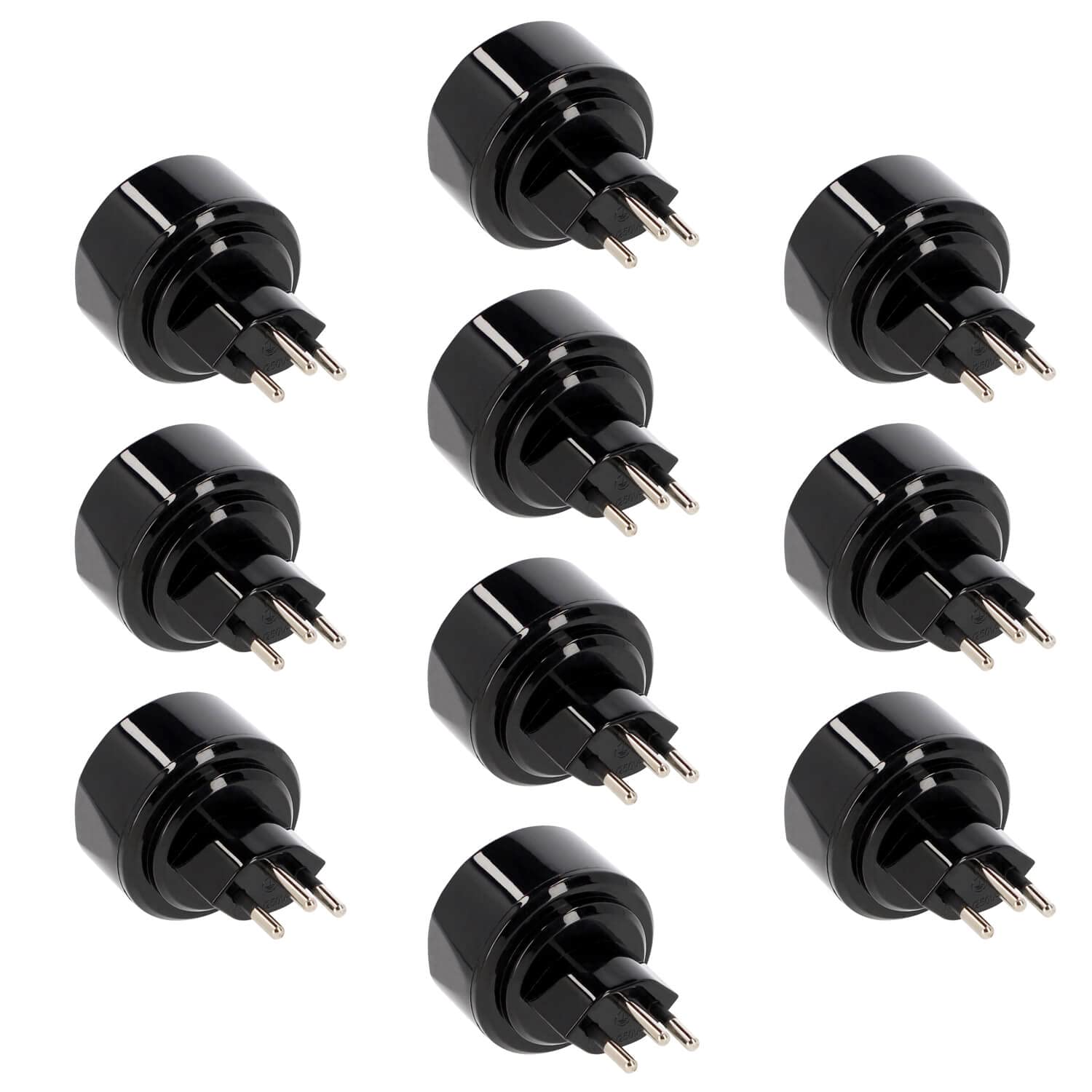 10er Set LED Universum Reiseadapter für Schutzkontakt-/Euro-Stecker (Typ F) auf Schweiz Liechtenstein Steckdose (Typ J) - schwarz | Reisestecker Steckdosenadapter 1508642
