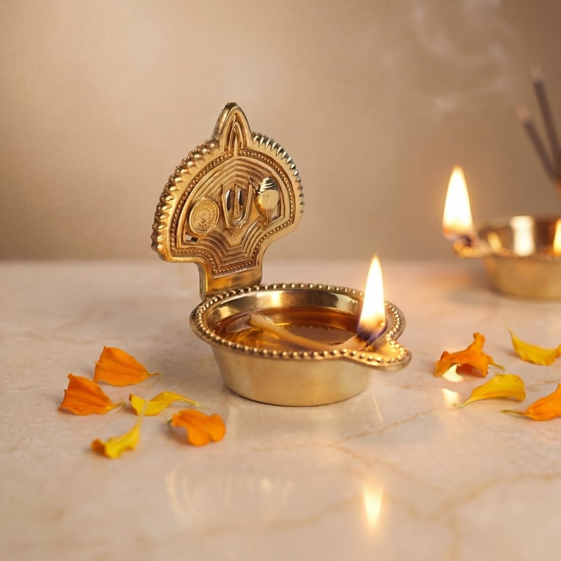 Pure Brass Tirupati Balaji Diya | Vishnu Symbol Shankh Chakra Design Oil Lamp | Decorative Pooja Diya for Mandir Home Temple | Reusable Brass Deepak for Daily Puja Aarti | Festive Decor Gift-image-47