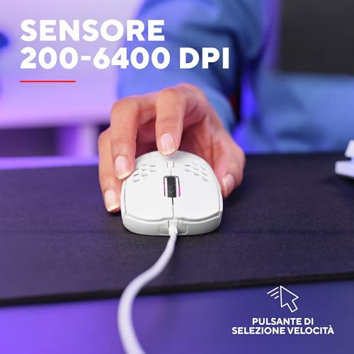 GXTrust 928W Helox Mouse Gaming Superleggero 65g con Filo, Regolazione DPI 200-6400 Sensore Ottico, 6 Pulsanti Programmabili, Illuminazione RGB, Mouse da Gaming per PC Desktop Laptop, Bianco - Mouse gaming - Immagine 3
