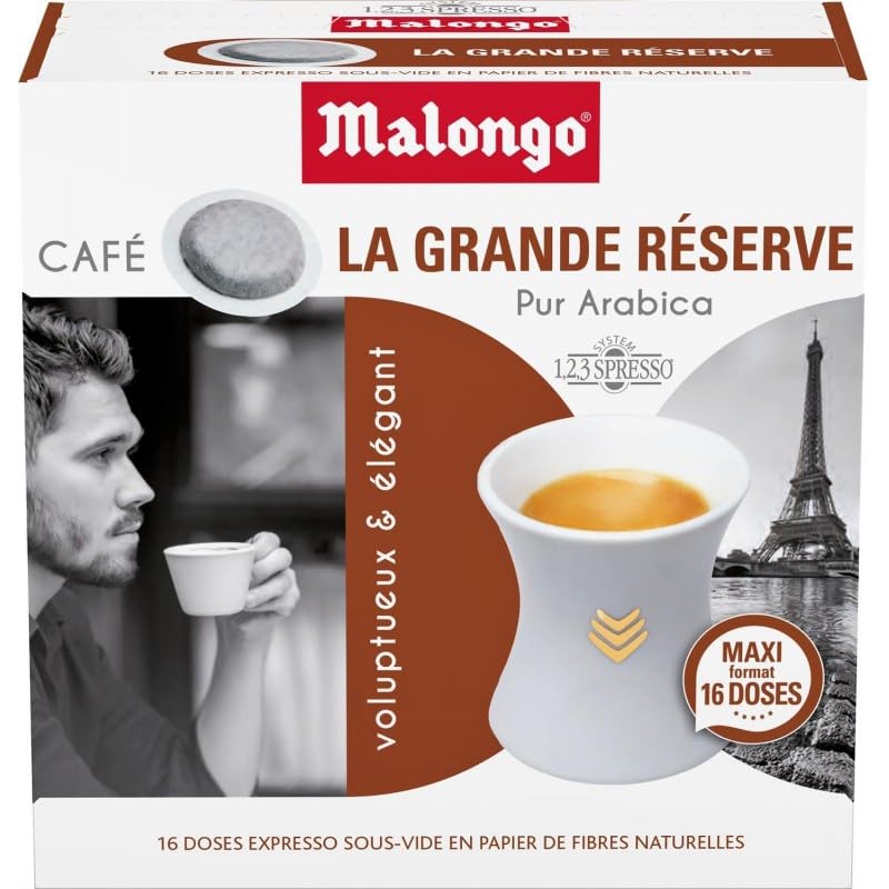 MALONGO - La Grande Reserve - 16 doses d'expresso en dosettes compatibles - Café d'exception issu d'une torréfaction artisanale - Arômes intenses et notes...