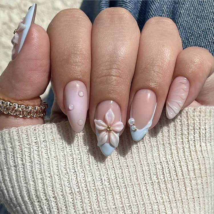 Flower Press On Nails Medium Square Gold Pearl Star Nude Pink_voghion.com