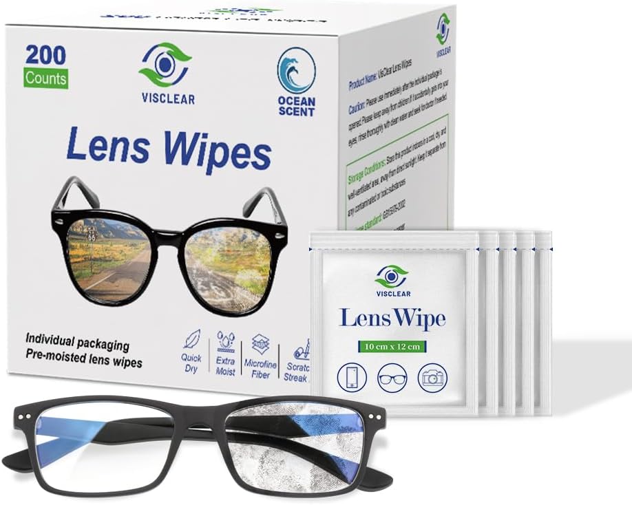 Lens Wipes for Eyeglasses, 200 Counts, Extra Moist Individually Wrapped Eyeglass Cleaner Wipes, Safe from Scratches and Streak, Glass Wipes for Eyeglasses, Camera Lens & Electronic Screens