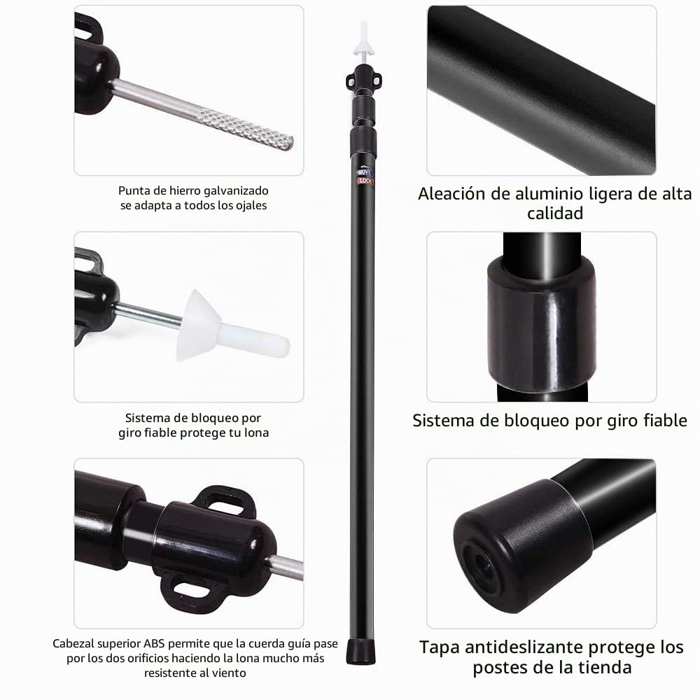 2 Piezas Palo Toldo Postes Telescópicos para Tienda de Campaña Mástil Aluminio Extensibles y Ajustables 90-230cm para Camping Toldo Negro
