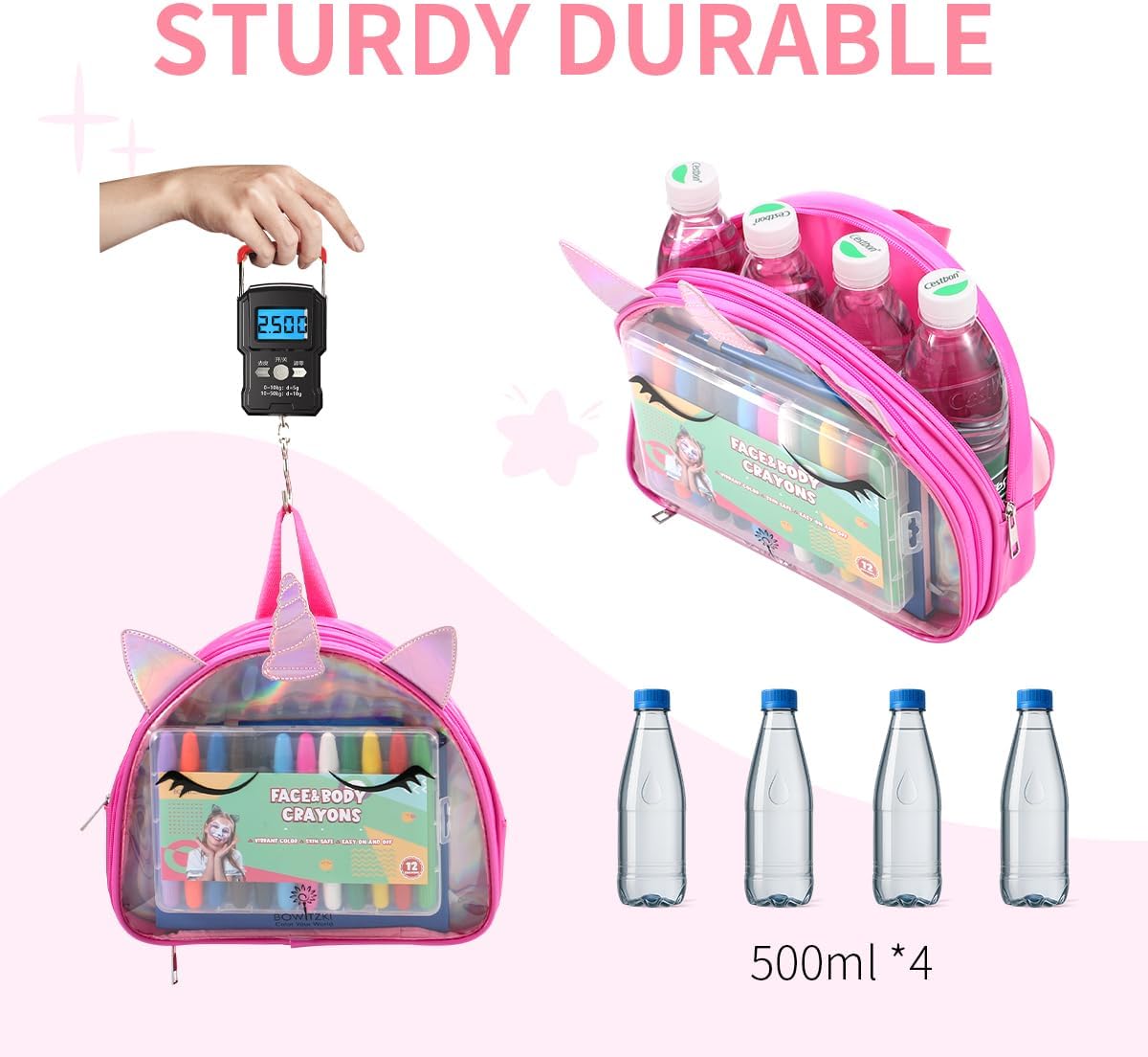 Bowitzki Waterresistant PVC Unicorn Backpack, Transparent Front & Holographic Main Compartment for School Travel (Pink)