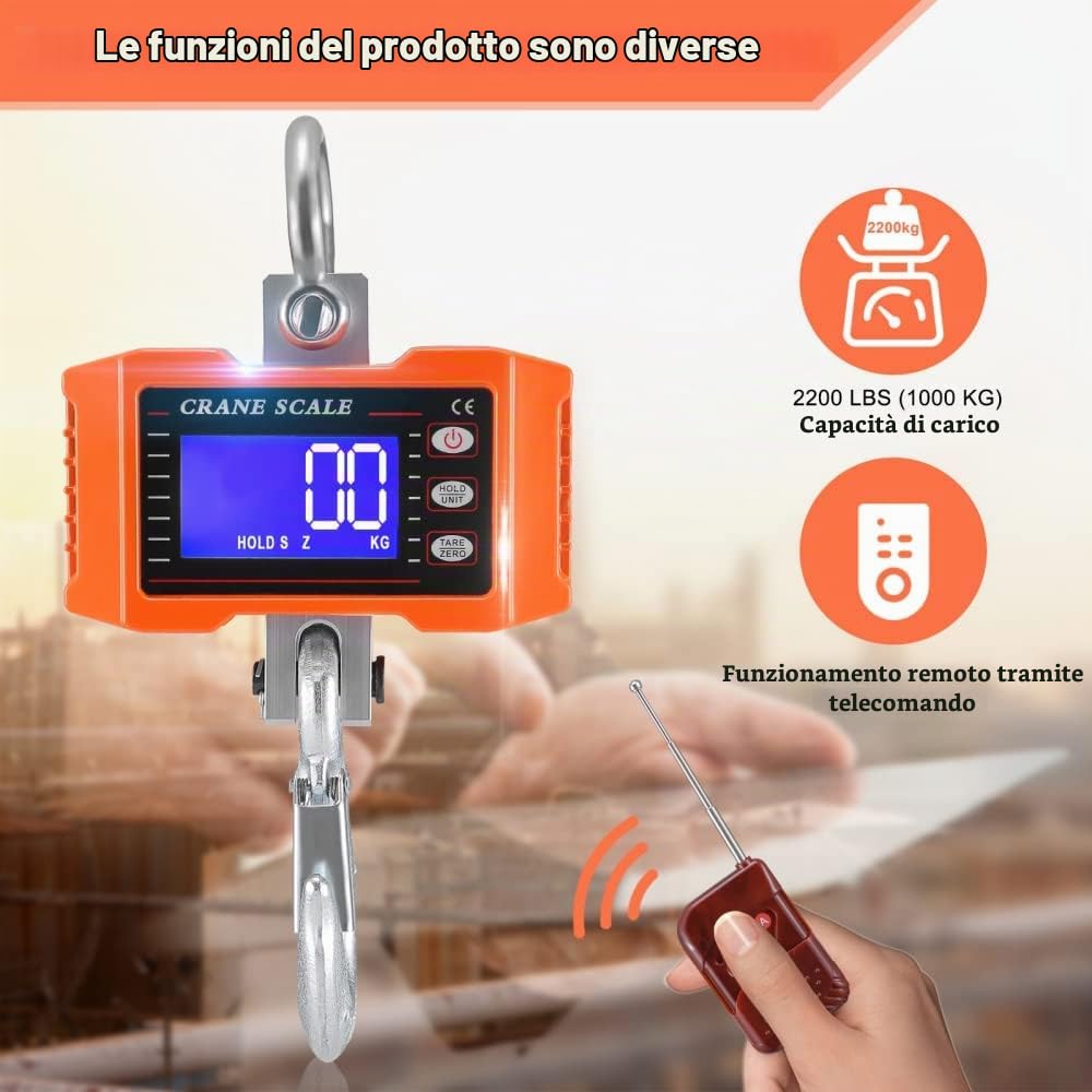 Bilancia sospesa 1000 kg Bilancia per gru digitale ricaricabile con telecomando Bilancia elettronica sospesa ad alta precisione da 1T Bilancia a gancio industriale per impieghi gravosi
