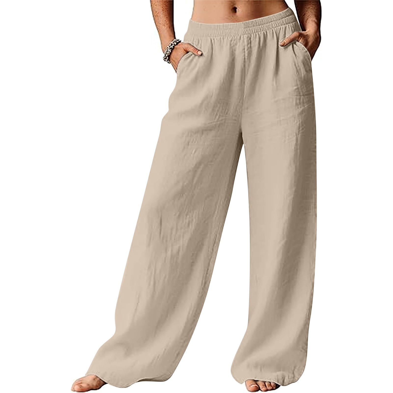 Pantaloni estivi da donna, lunghi, a vita alta, in lino, larghi e leggeri, in cotone, a gamba larga, con tasche, versatili