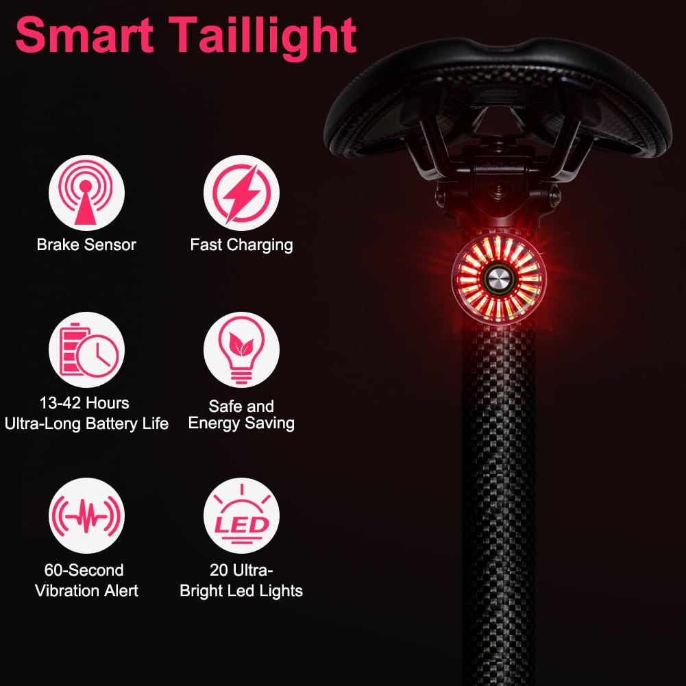 Feu Arrière Vélo Intelligent, Interrupteur Automatique, Détection de Freinage, USB Rechargeable Lampe Arriere Velo, Etanche IP65, 5 Modes pour Vélos, VTT, Trottinettes, Vélos pour Enfants