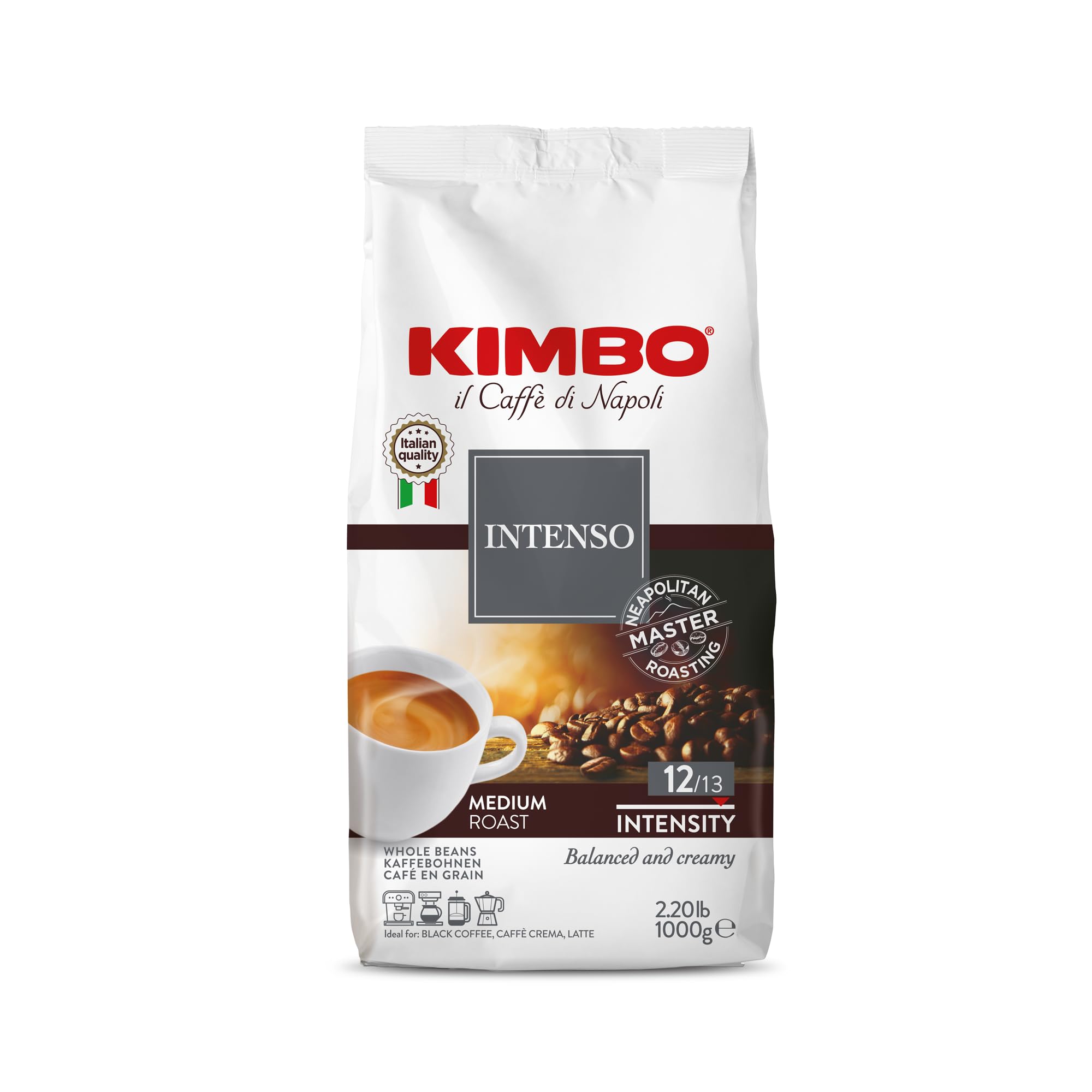 Kimbo Caffè in Grani - 4 Pack da 1 kg - Miscela Intenso, Note di Pan Tostato e Spezie, Intensità 12/13, Tostatura Media