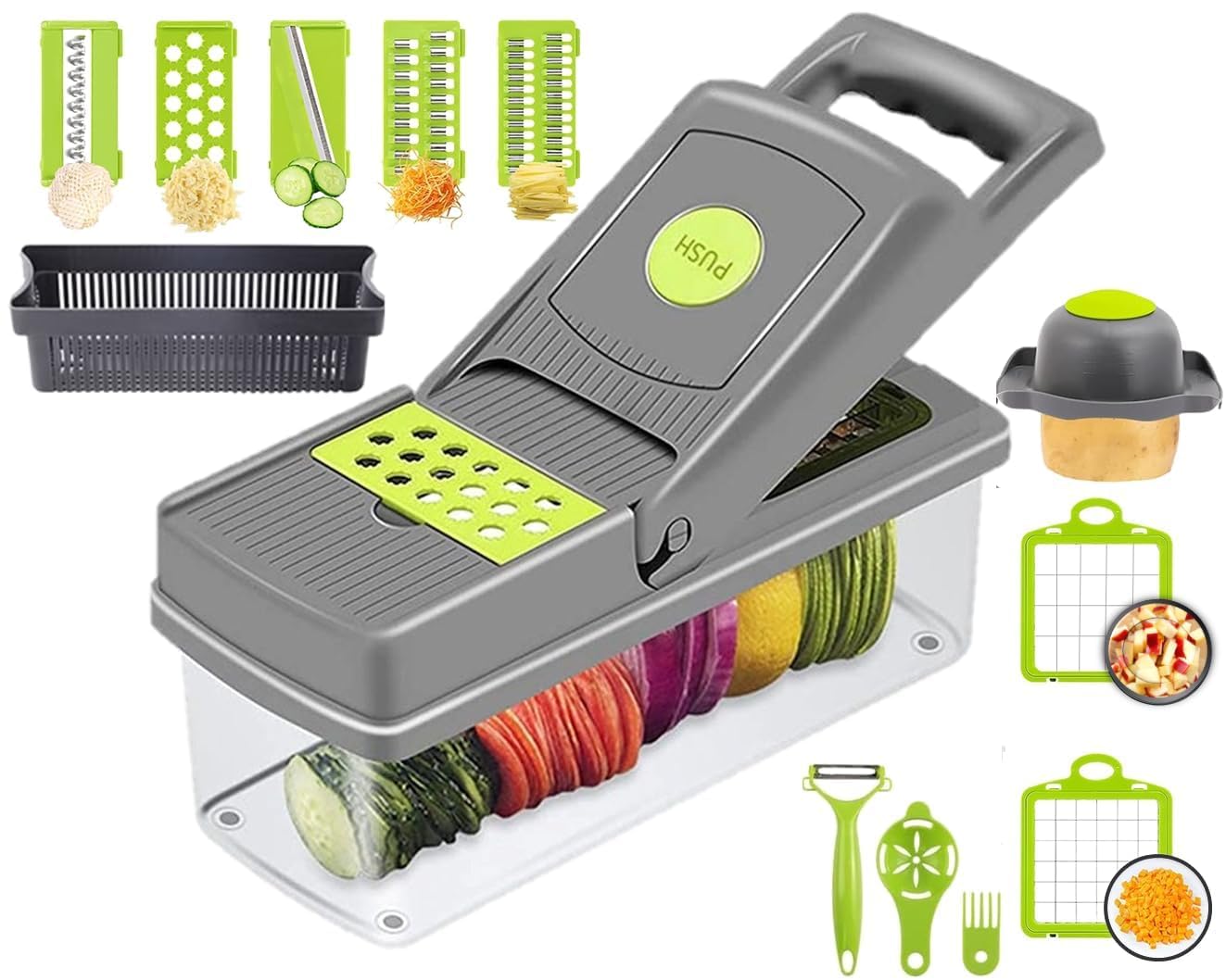 14in1 Vegetable Cutter for Kitchen I Veggie Chopper I Potato Slicer I Onion Dicer with Container and Easy Push to Clean Button