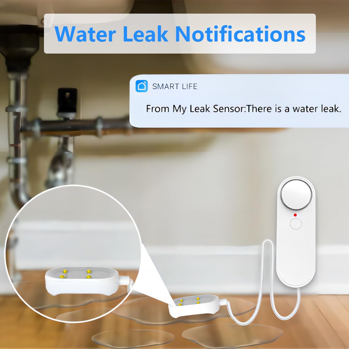 Mengshen WiFi Detektor wycieku wody i poziomu wody, 2-w-1 Tuya Smart Alarm Głośny APP Monitoring alarmu z 6,5-stopową linią wykrywania do pływającego akwarium