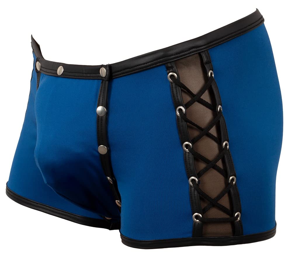 Orion Pantaloni da uomo – Boxer erotici da uomo, con tasca per pene rimovibile, lacci a croce laterale, bottoni a pressione, blu/nero