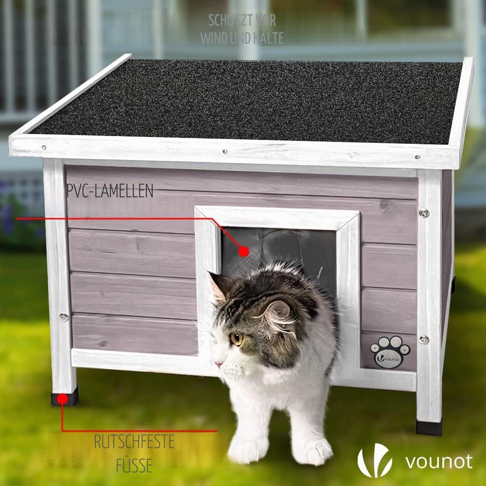 VOUNOT® Katzenhaus aus Holz, Katzen Haus mit Asphaltdach, Katzenhütte für Draussen Outdoor 57 x 45 x 43 cm, Grau