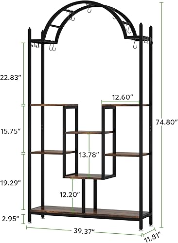 Miniatura 7 de Tribesigns Soporte alto para plantas de interior de 5 niveles, estante de flores de metal arqueado de 74.8 pulgadas con ganchos para colgar, estante