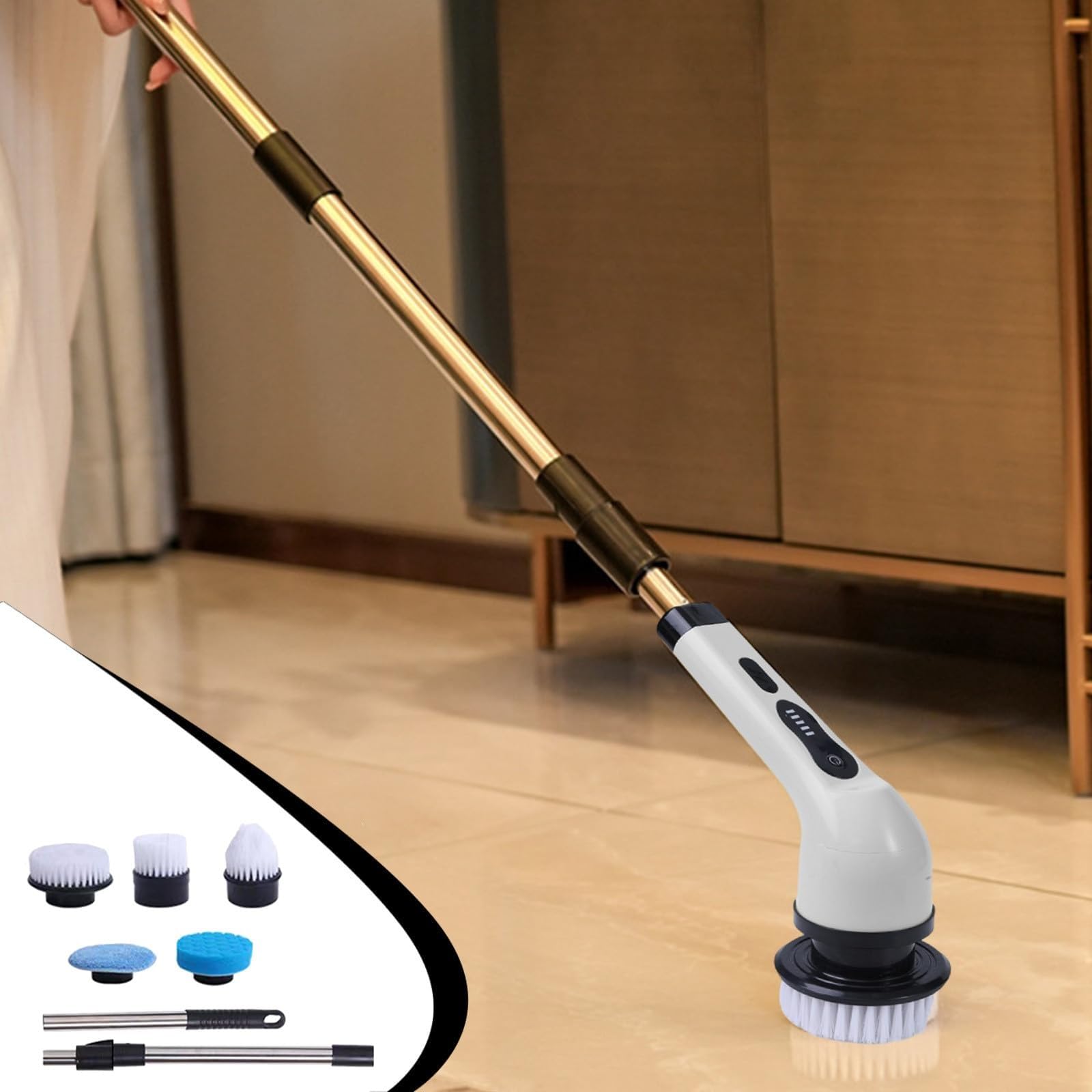 Fregadora Giratoria Eléctrica, Limpiador De Ducha Inalámbrico Con 5 Cabezales De Cepillo Reemplazables, 2 Mangos De Extensión Desmontables, Cepillo De Limpieza De Baño Eléctrico De Mano For Baldosas D