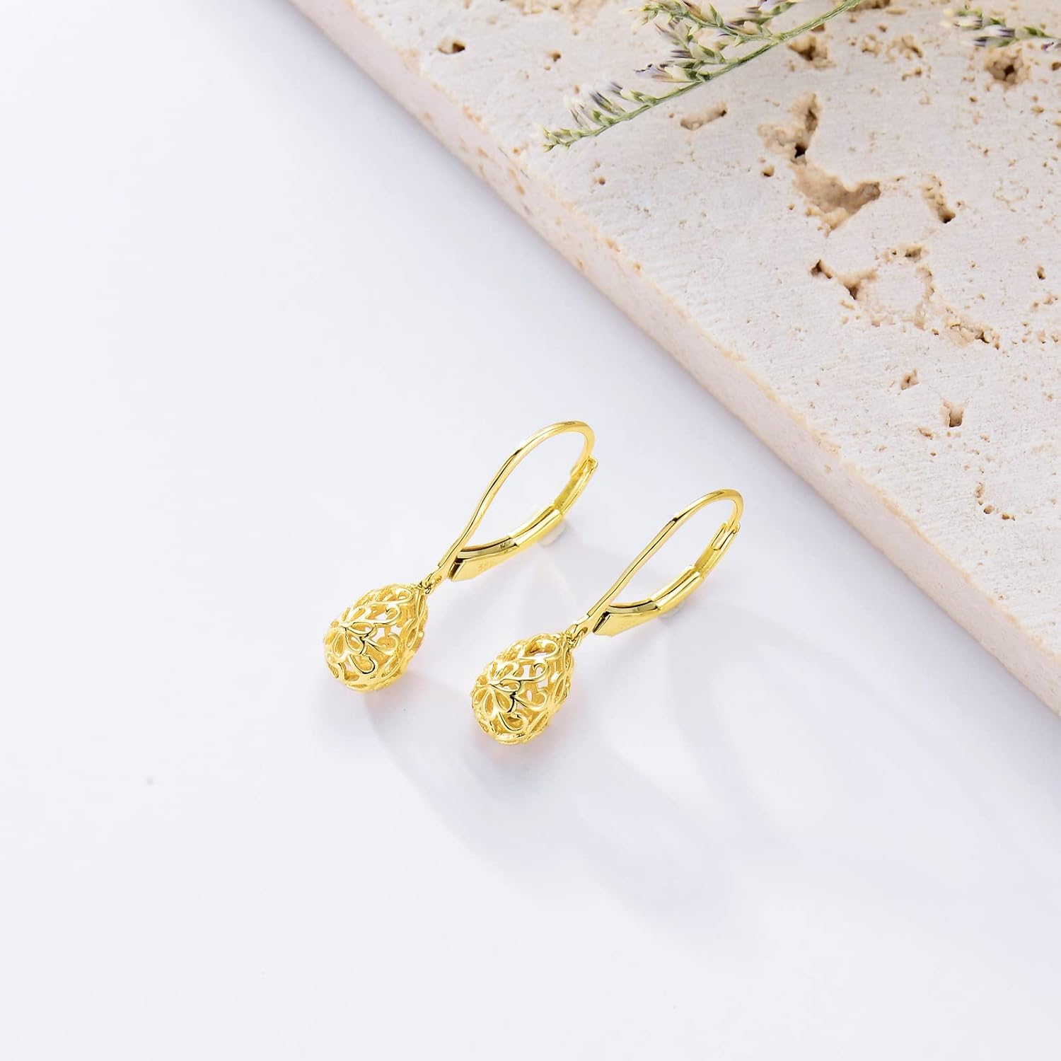 Filigree Leverback Earrings 14k Solid Gold Teardrop Earrings for Women Daisy Flower Leverback Heart Dangle Drop Earrings Jewelry Christmas Gifts for Her - Image 4