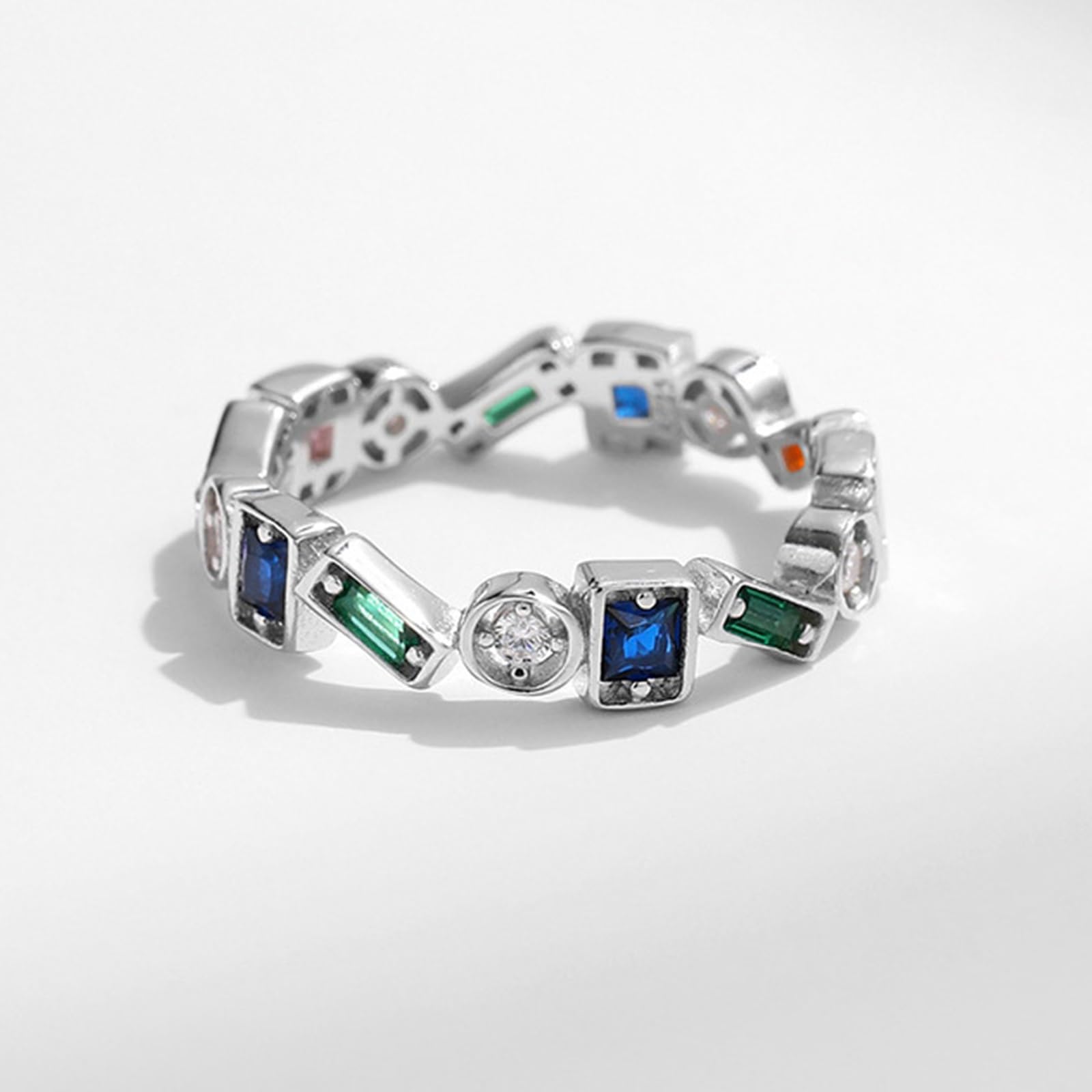 Anello Nuziale, Donna Oro Bianco Intarsio di Forma Geometrica con Pietre preziose Colorate