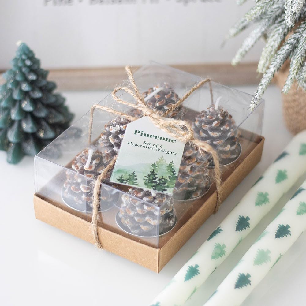Set of 6 Pinecone Tealight Candles – Woodland-Inspired Design, Unscented for Subtle Ambiance, Perfect for Holiday Tablescapes and Christmas Décor