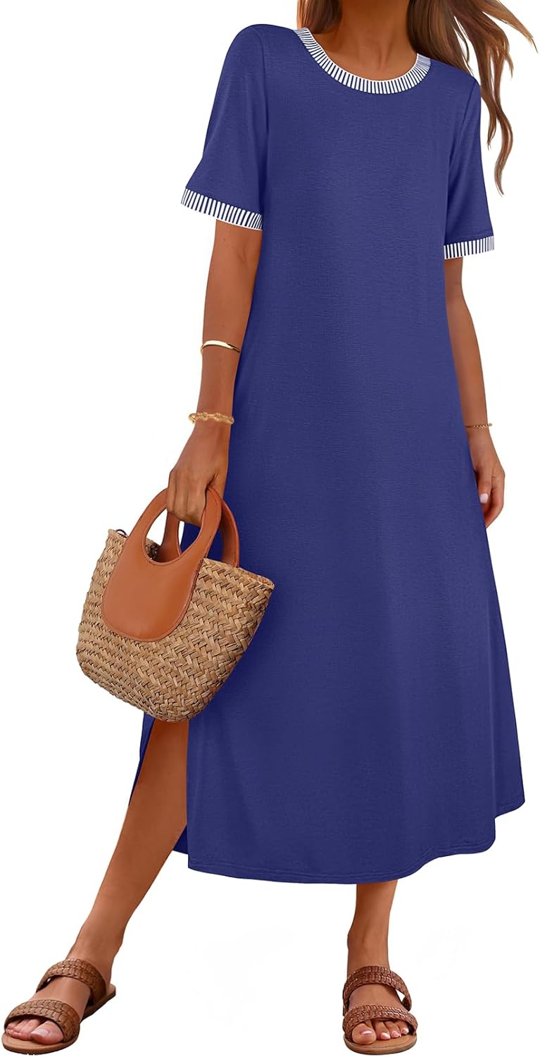 MEROKEETY Women's 2025 Summer Casual Maxi Dress Spring Beach Vacation Short Sleeve Crewneck Split Midi T Shirt Dresses - Image 2