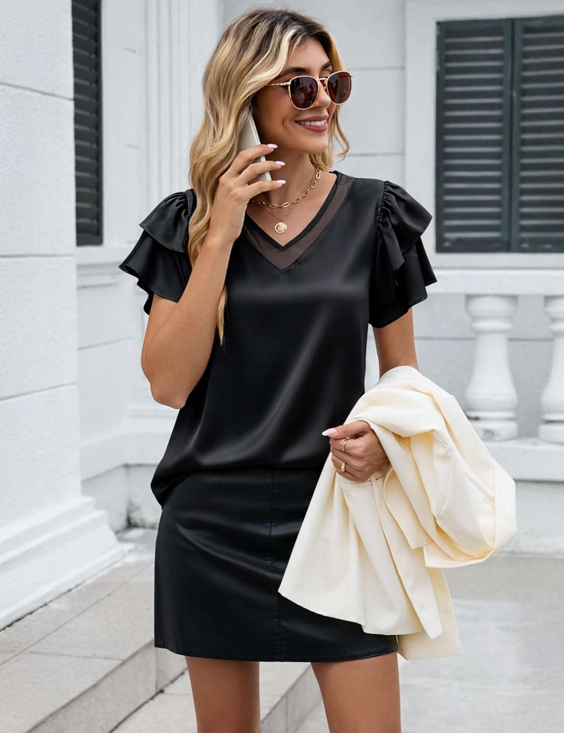 VIMPUNEC Womens Blouses Dressy Casual Ruffle Short Sleeve Shirts Summer Business Work Tops - Image 4